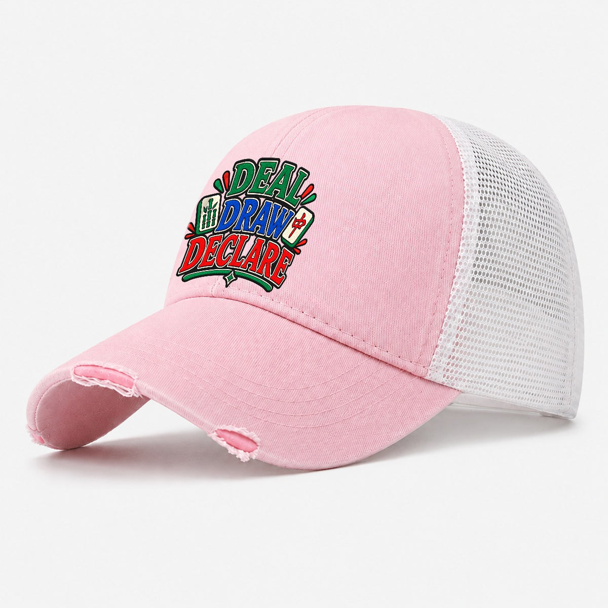 Deal Draw Declare Mahjong Game Night Washed Trucker Hat – Light Pink