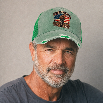 Dirt Roads Made Me Old Man Strong Washed Trucker Hat – studio model photo