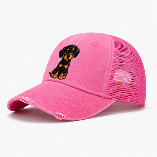 Doberman Pinscher Sitting Sweetheart Washed Trucker Hat – Rose