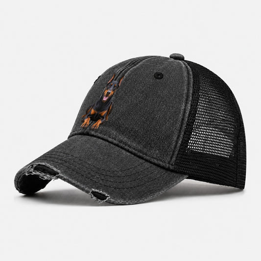 Doberman Pinscher Sitting Top Breeds Washed Trucker Hat – Black
