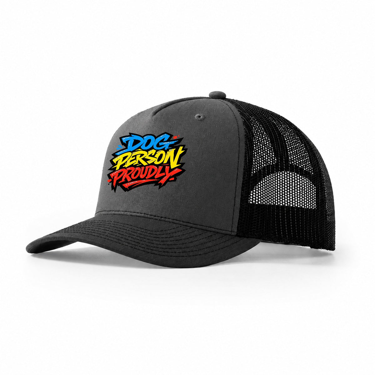 Dog Person Proudly Tee Graphic Trucker Hat – Dark Grey Black