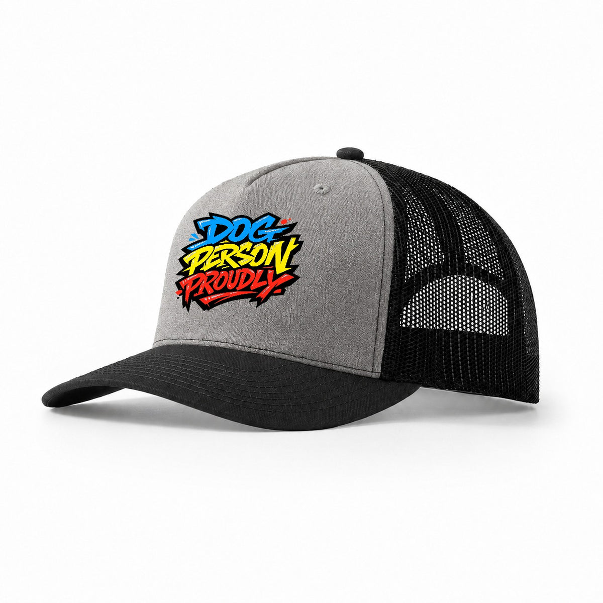 Dog Person Proudly Tee Graphic Trucker Hat – Grey Black