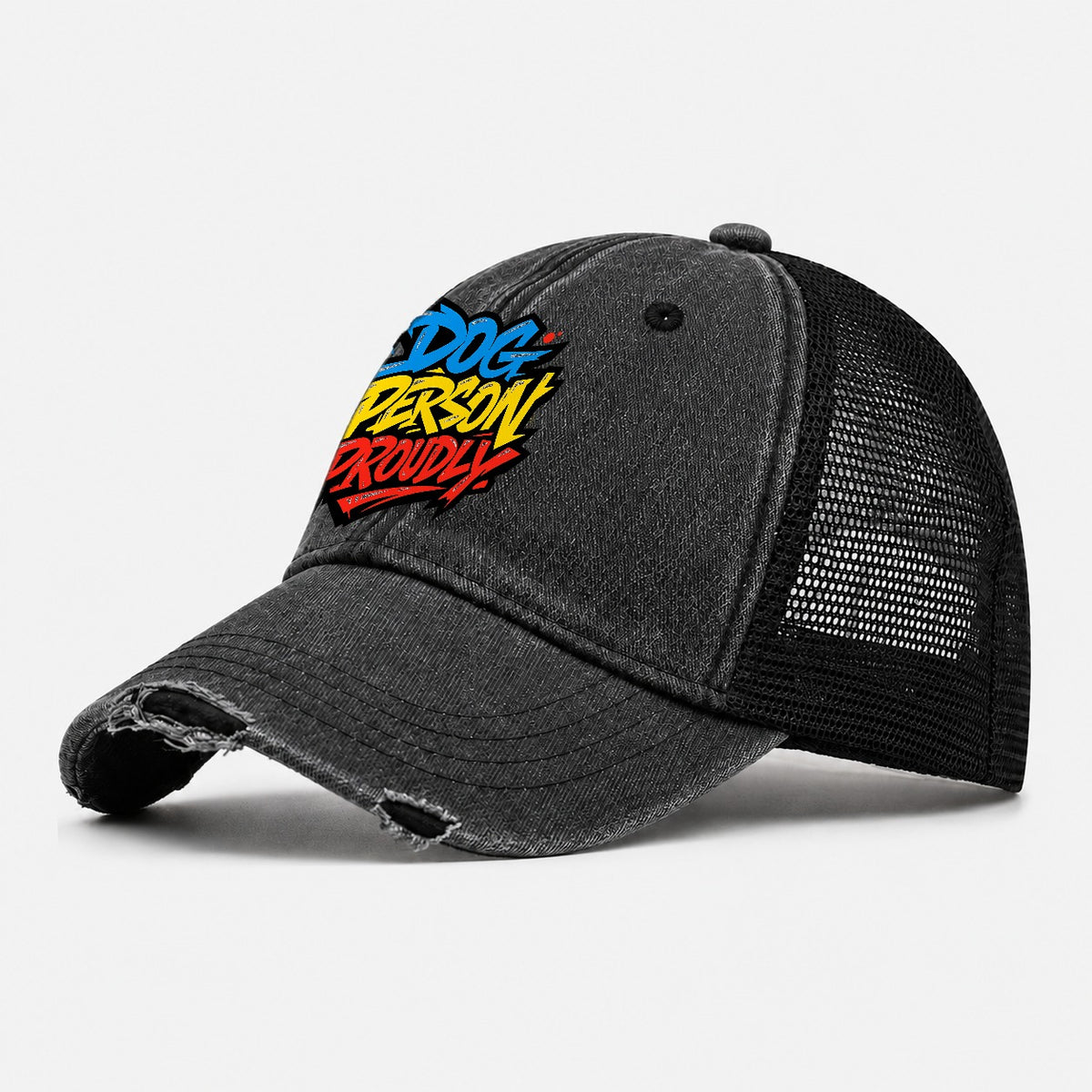 Dog Person Proudly Tee Graphic Washed Trucker Hat – Black