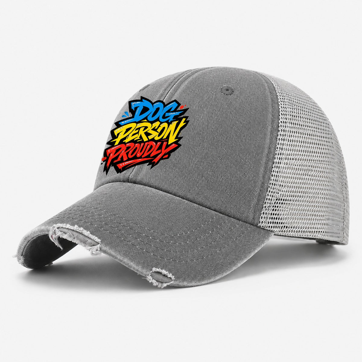Dog Person Proudly Tee Graphic Washed Trucker Hat – Grey