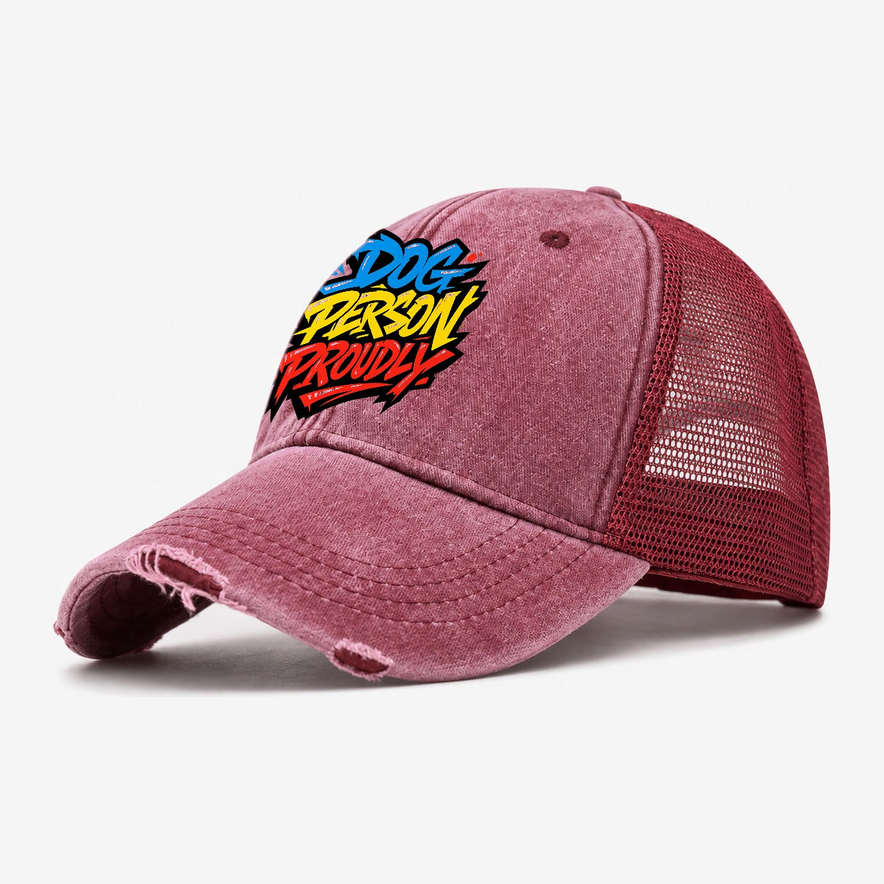 Dog Person Proudly Tee Graphic Washed Trucker Hat – Wine Red