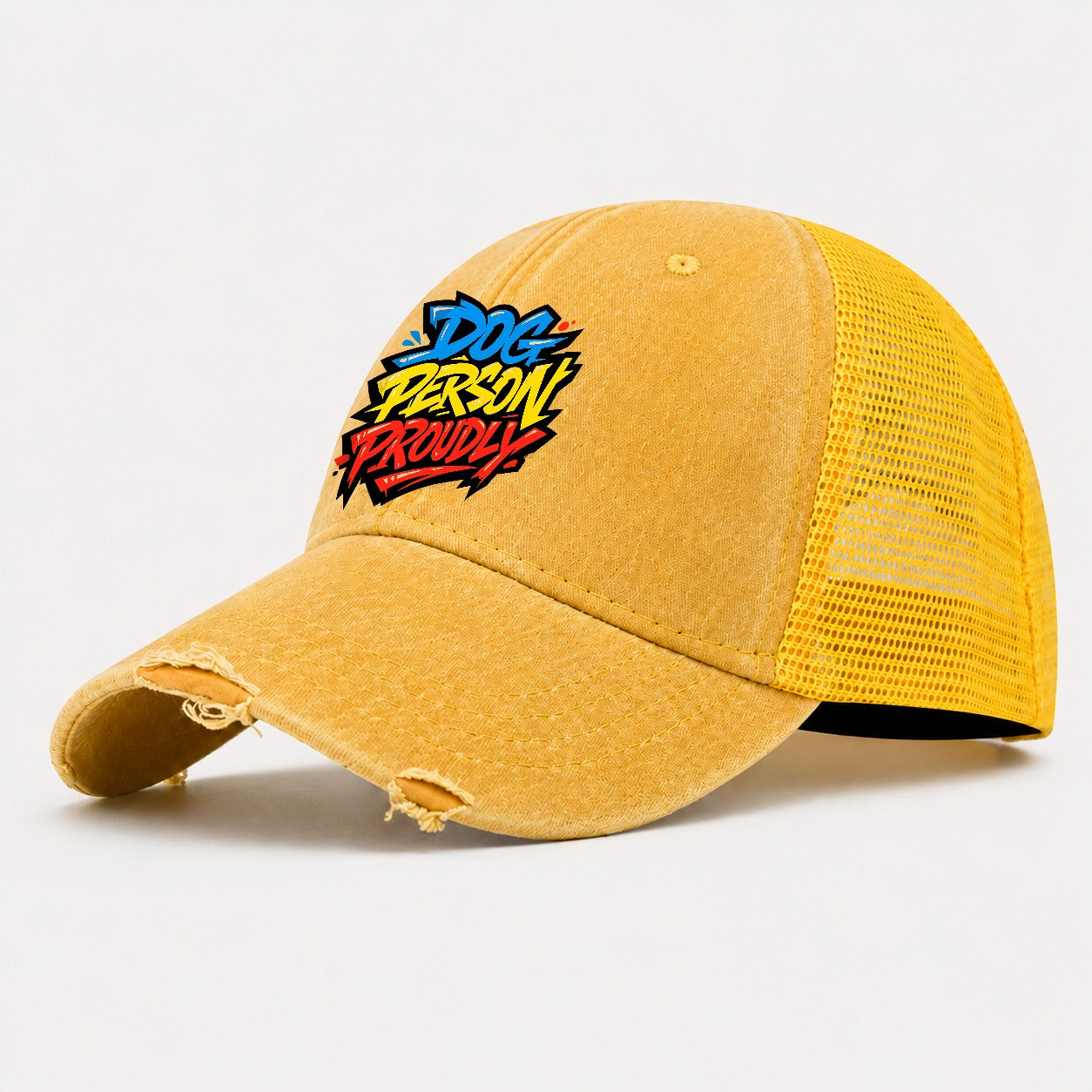 Dog Person Proudly Tee Graphic Washed Trucker Hat – Yellow