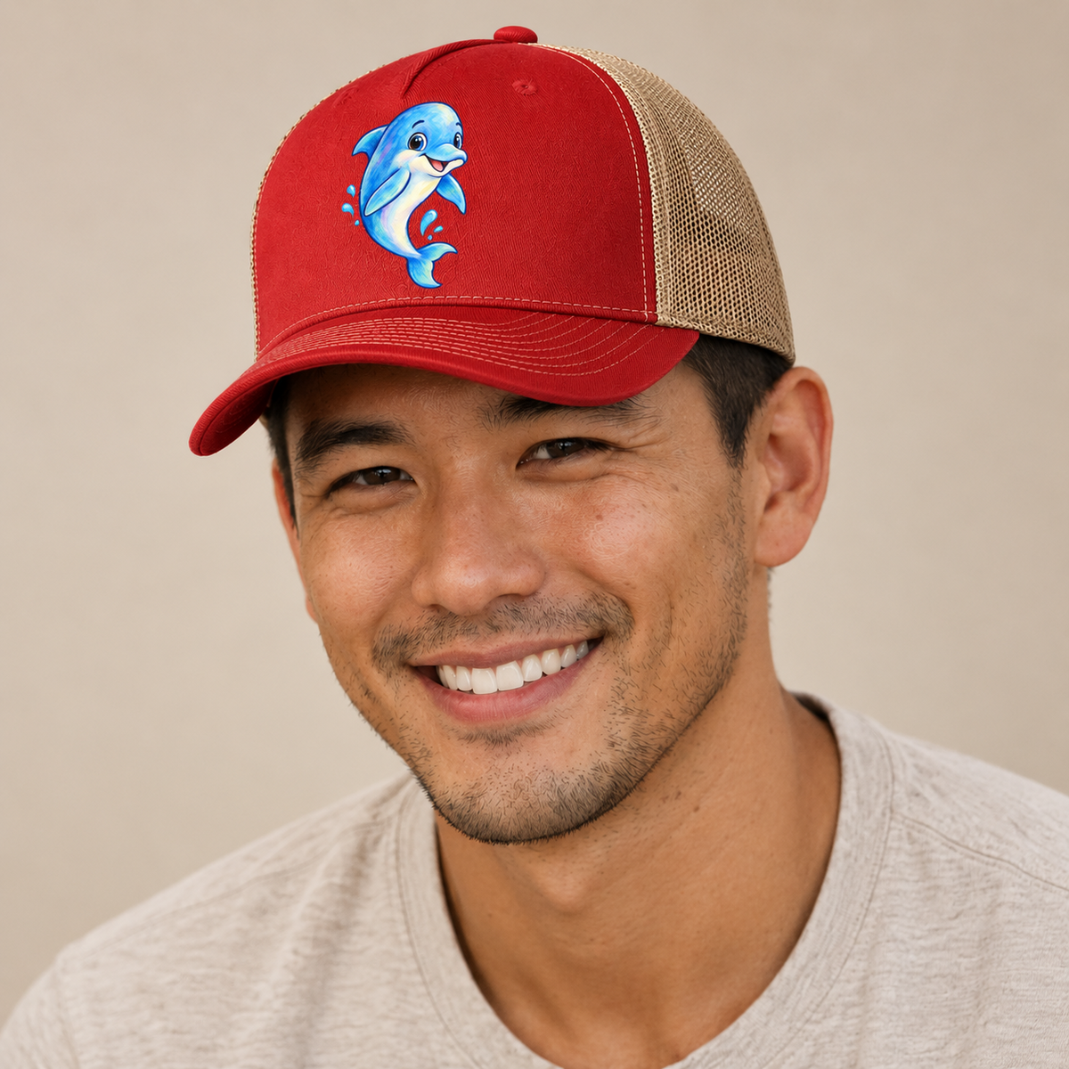 Dolphin Friendly Leap Sea Sprite Trucker Hat — studio model wearing the hat