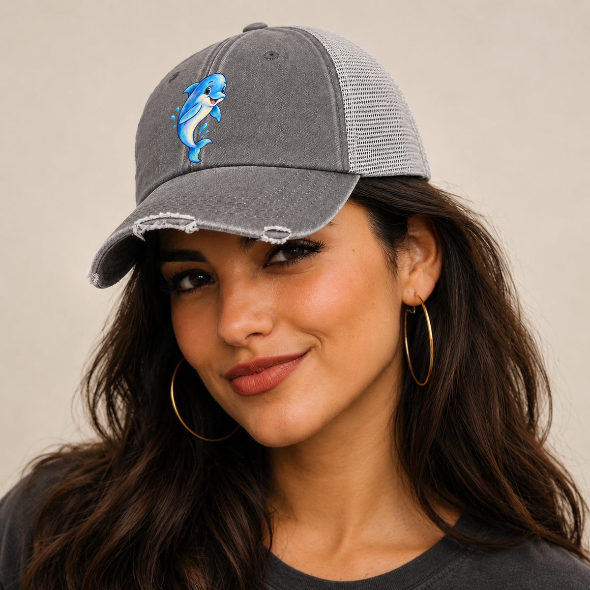 Dolphin Friendly Leap Sea Sprite Washed Trucker Hat — studio model wearing the hat