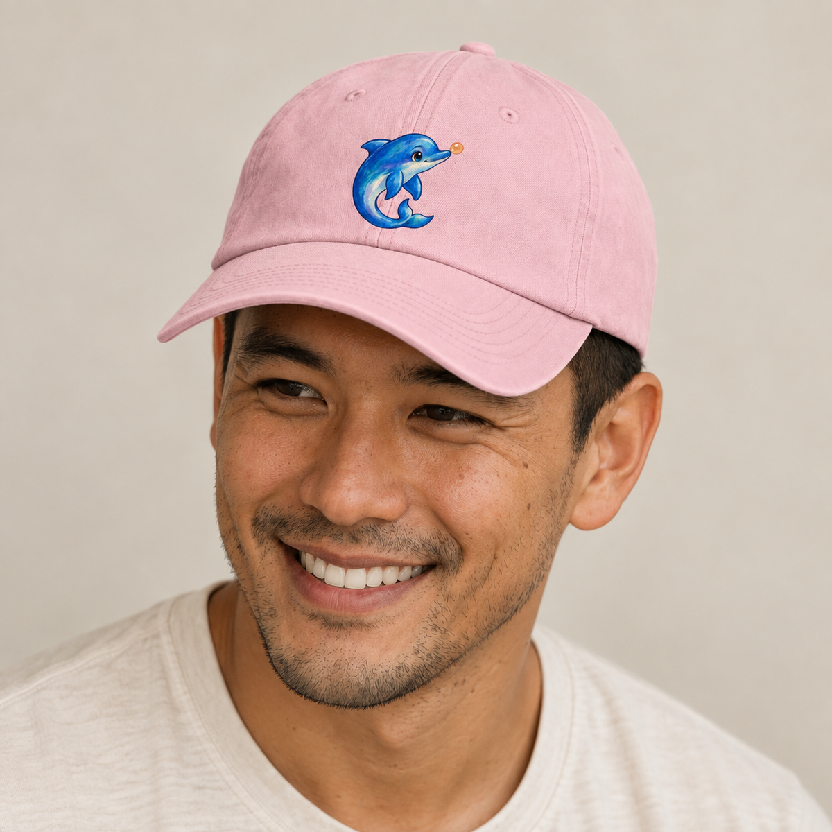 Dolphin Nose Boop Sea Sprite Baseball Cap — studio model wearing the hat