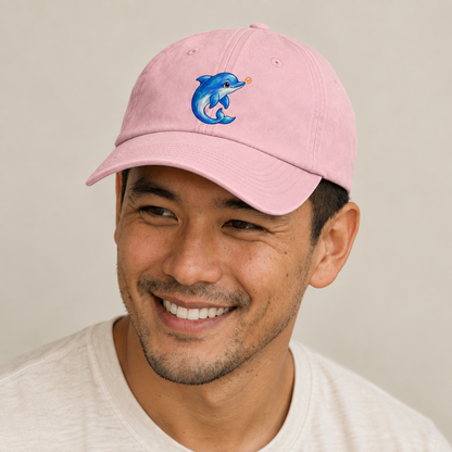 Dolphin Nose Boop Sea Sprite Baseball Cap — studio model wearing the hat