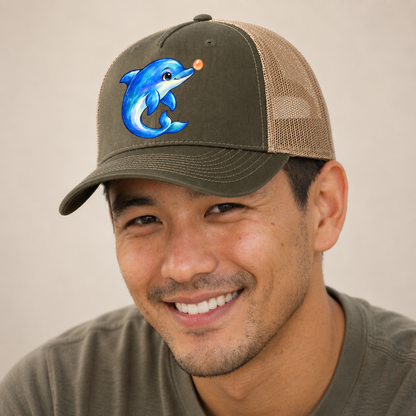 Dolphin Nose Boop Sea Sprite Trucker Hat — studio model wearing the hat