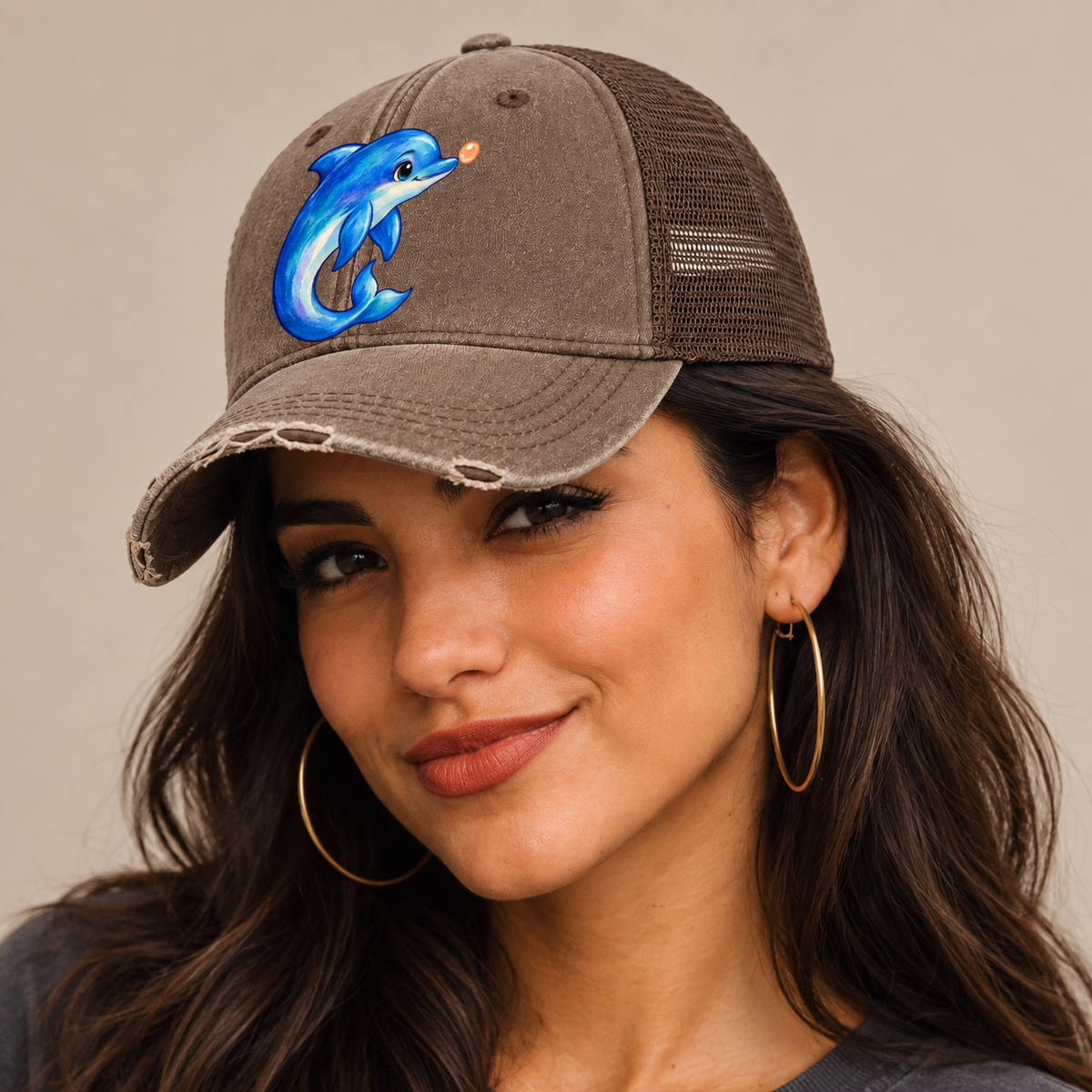 Dolphin Nose Boop Sea Sprite Washed Trucker Hat — studio model wearing the hat