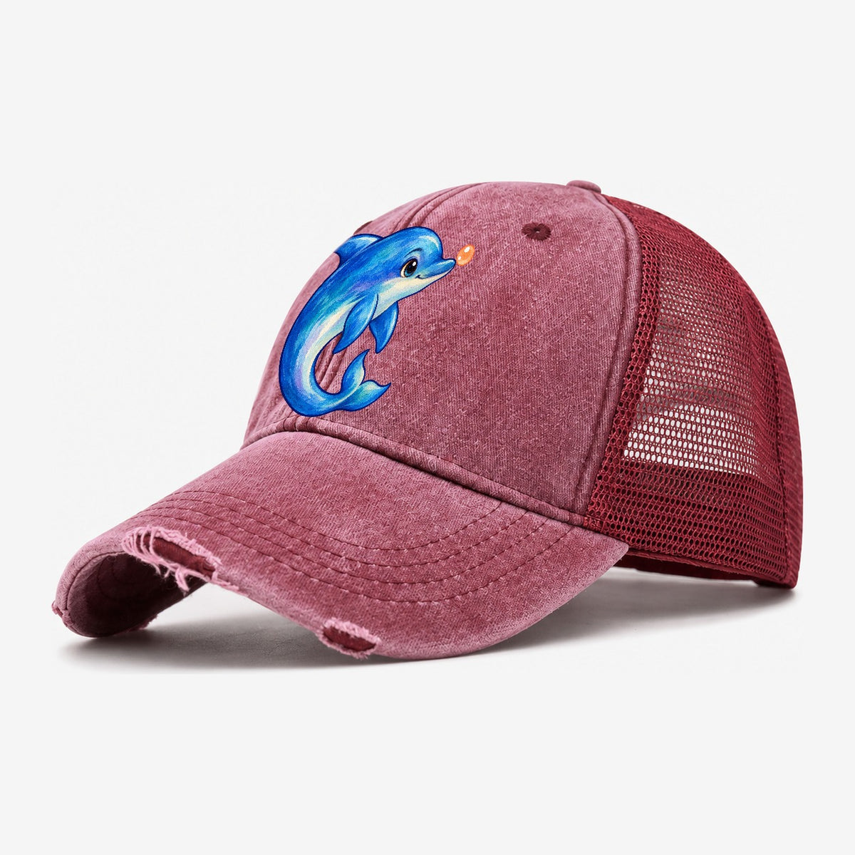 Dolphin Nose Boop Sea Sprite Washed Trucker Hat – Wine Red