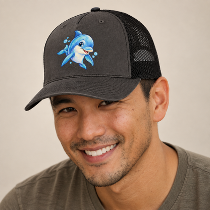 Dolphin Three Quarter Swim Sea Sprite Trucker Hat — studio model wearing the hat