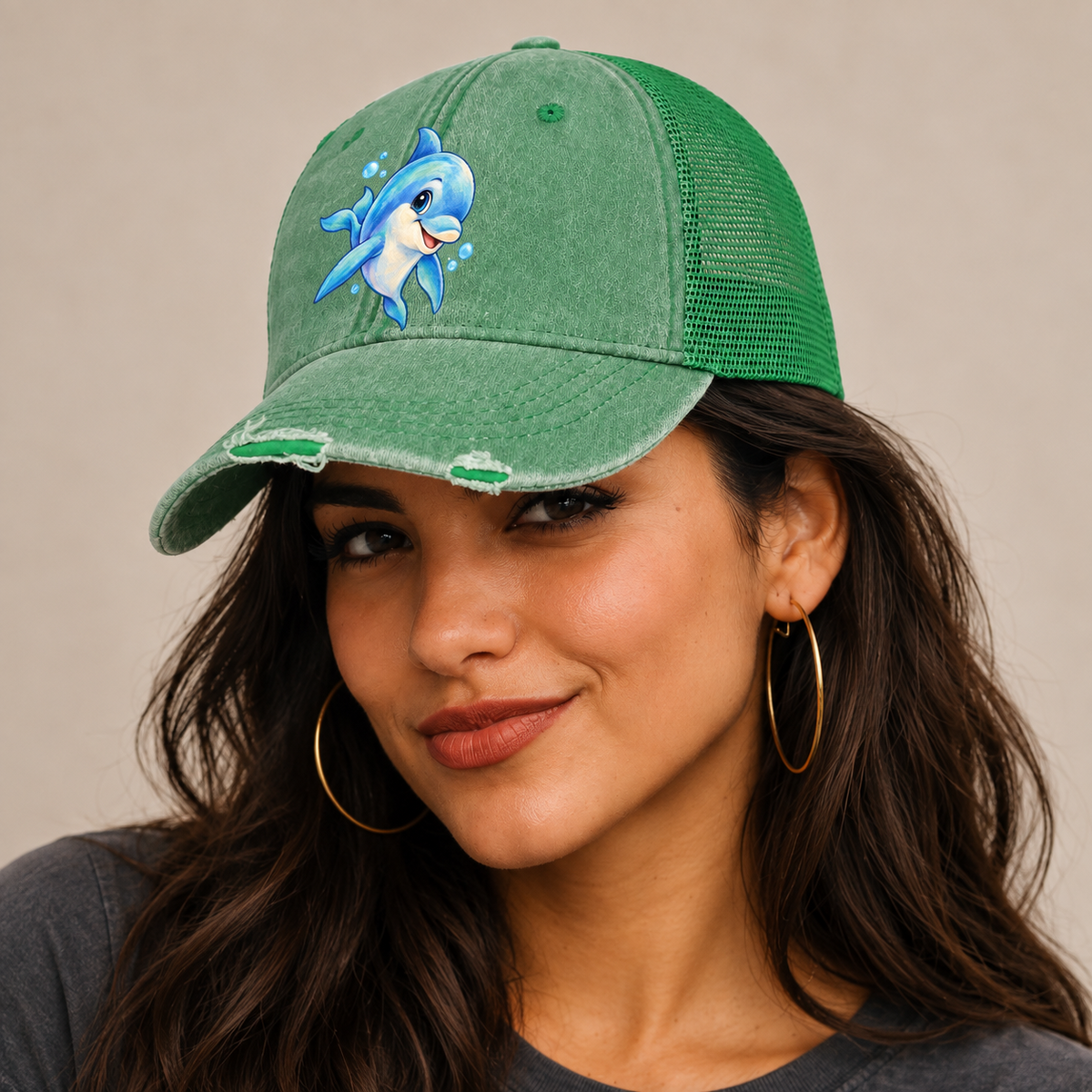 Dolphin Three Quarter Swim Sea Sprite Washed Trucker Hat — studio model wearing the hat