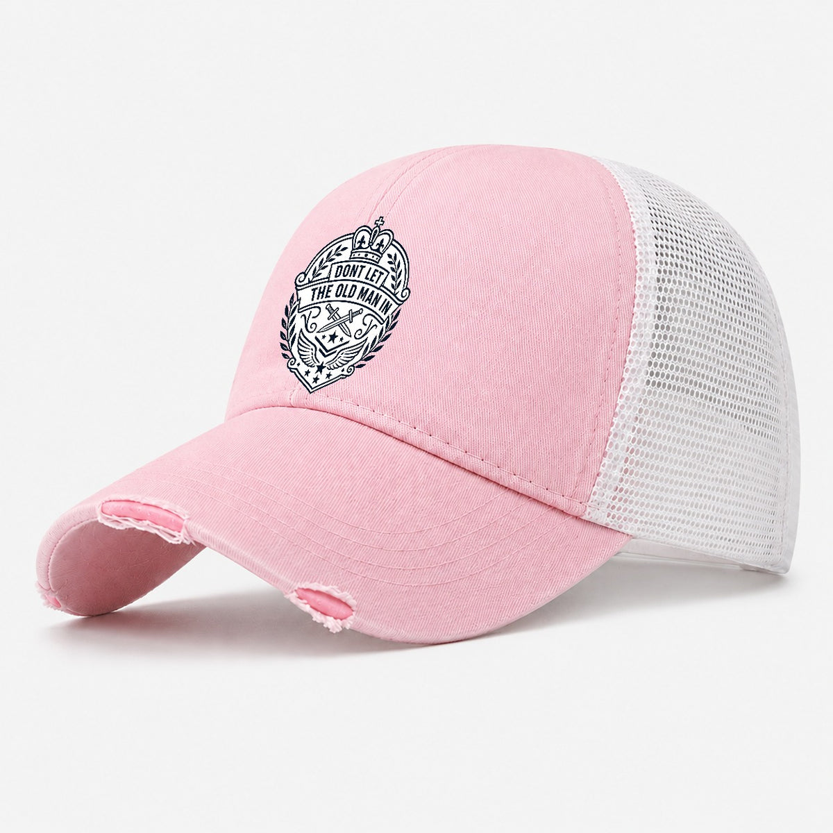 Don't Let the Old Man In Line Art Washed Trucker Hat – Light Pink