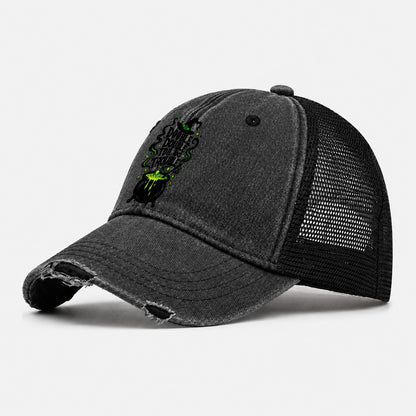 Double Double Toil And Trouble Slogan Witch Magic Washed Trucker Hat – Black