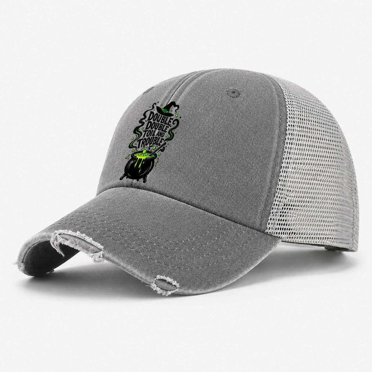 Double Double Toil And Trouble Slogan Witch Magic Washed Trucker Hat – Grey