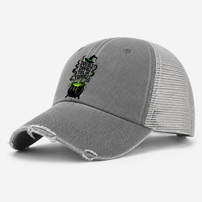Double Double Toil And Trouble Slogan Witch Magic Washed Trucker Hat – Grey