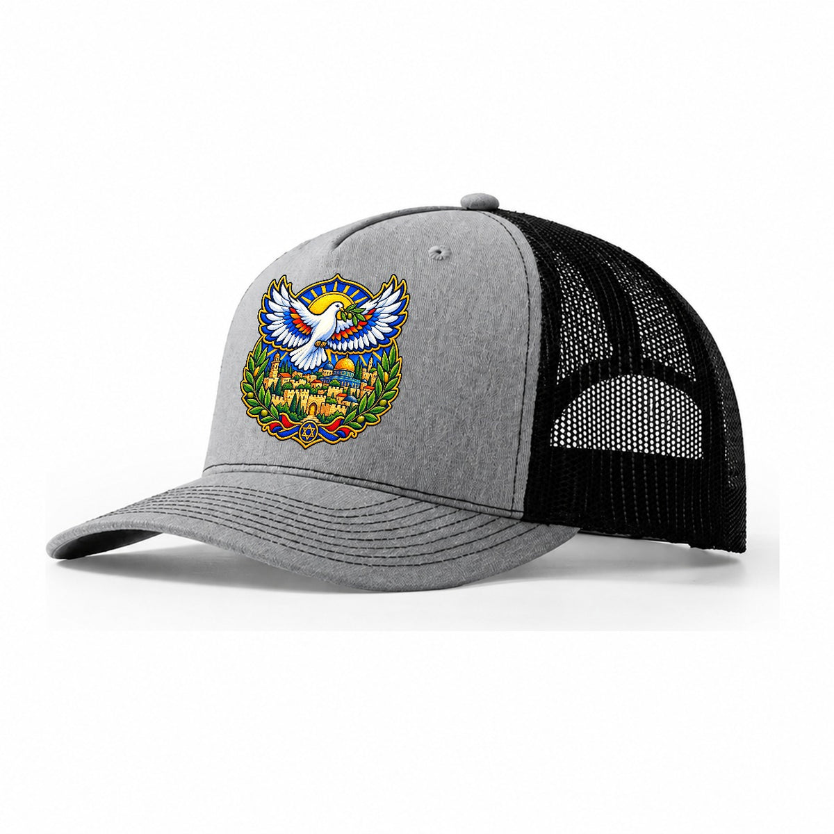 Dove Over The City Jerusalem Trucker Hat – Sport Grey Black