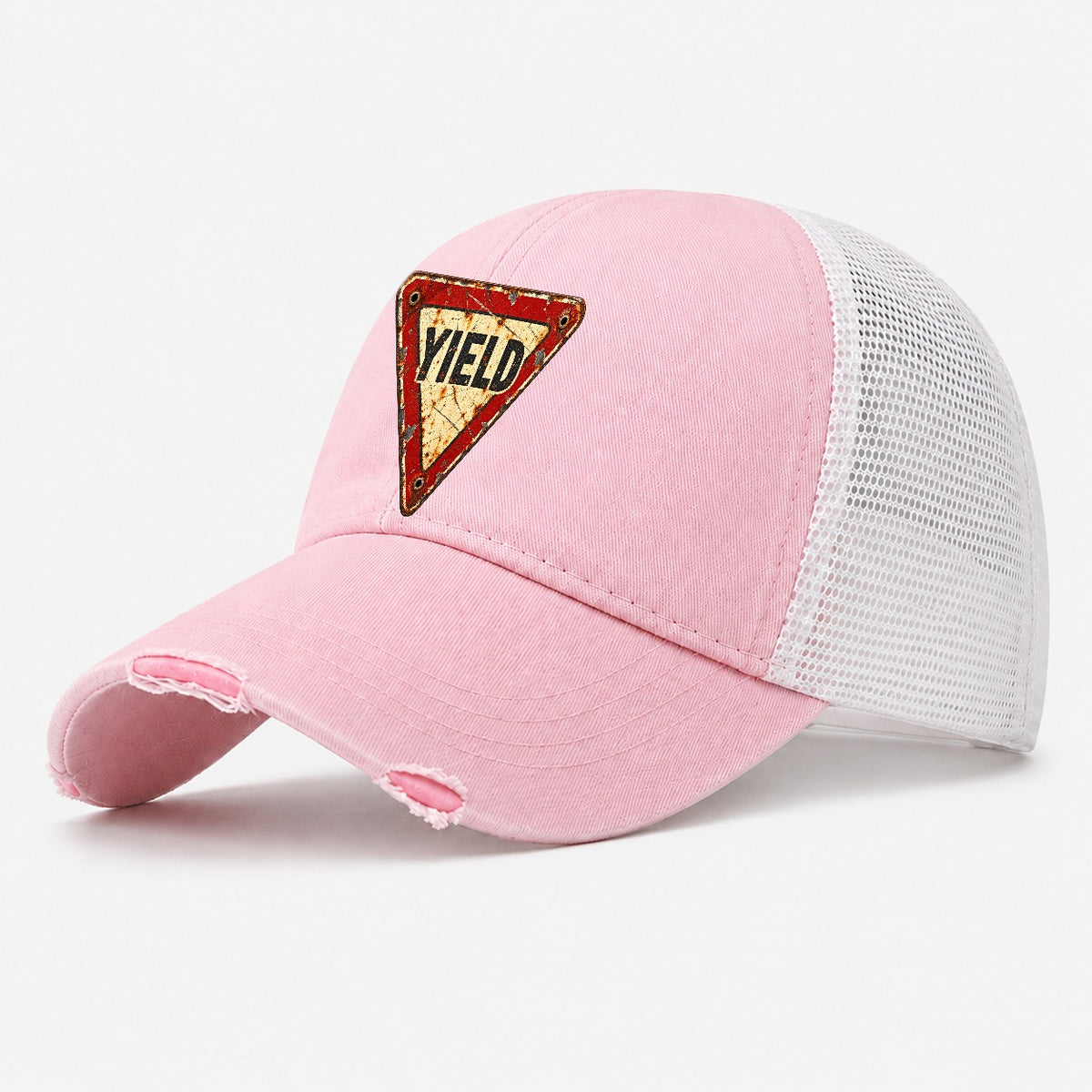 Downward Yield Triangle Weathered Sign Washed Trucker Hat – Light Pink