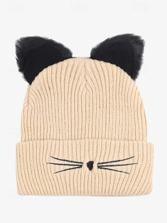 Women's Cute Cat Ear Beanie – Burgundy Knit Hat with Faux Fur Ears and Whisker Embroidery, Cozy and Stylish Winter Accessory