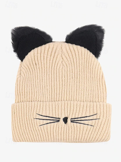Women's Cute Cat Ear Beanie – Burgundy Knit Hat with Faux Fur Ears and Whisker Embroidery, Cozy and Stylish Winter Accessory