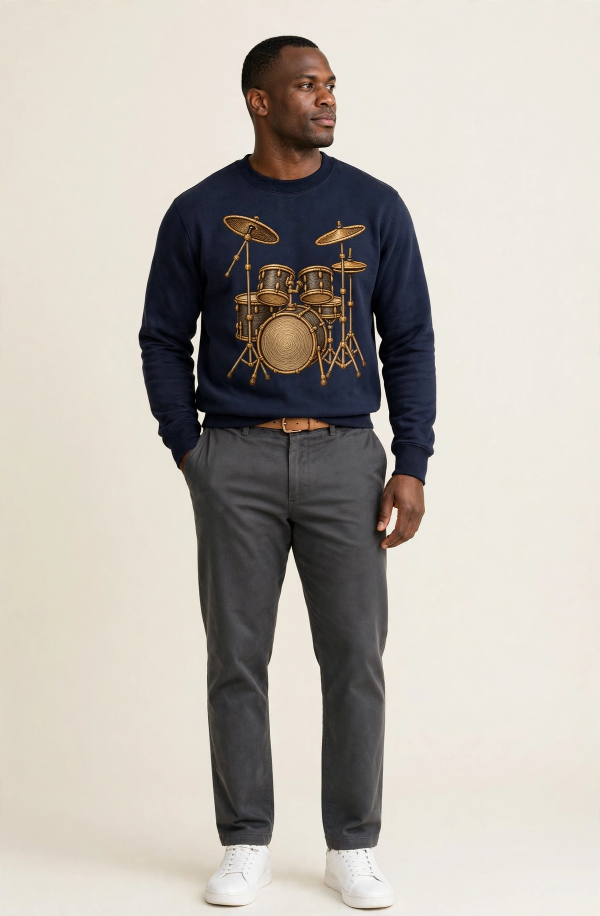 Drum Kit Fleece Sweatshirt – studio model photo