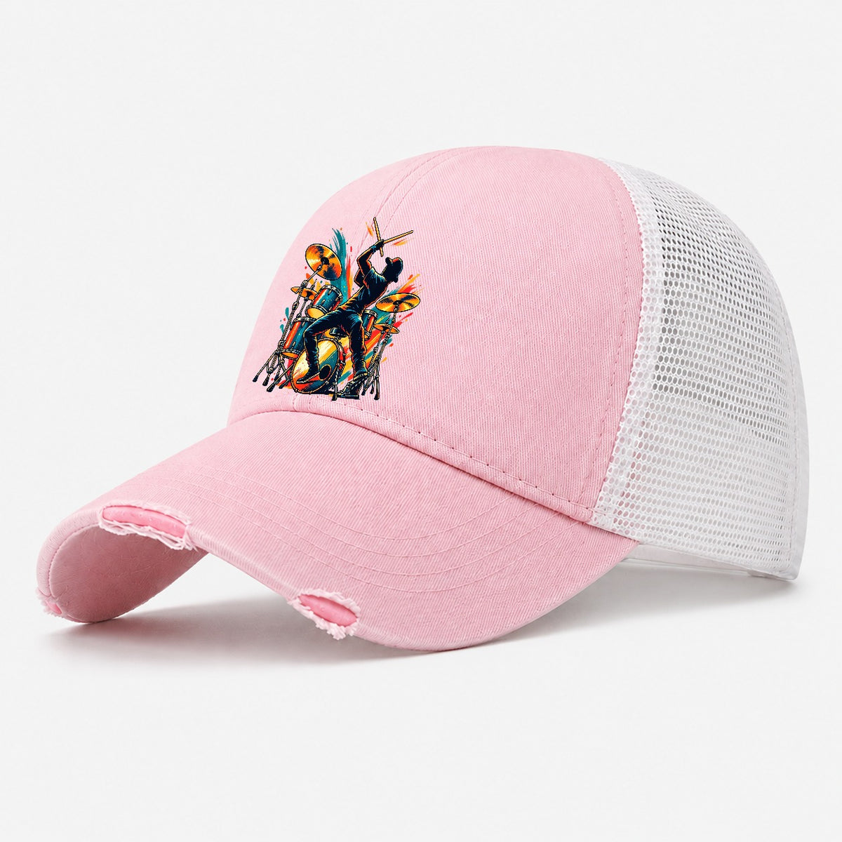 Drum Kit Icon Music Instruments Washed Trucker Hat – Light Pink