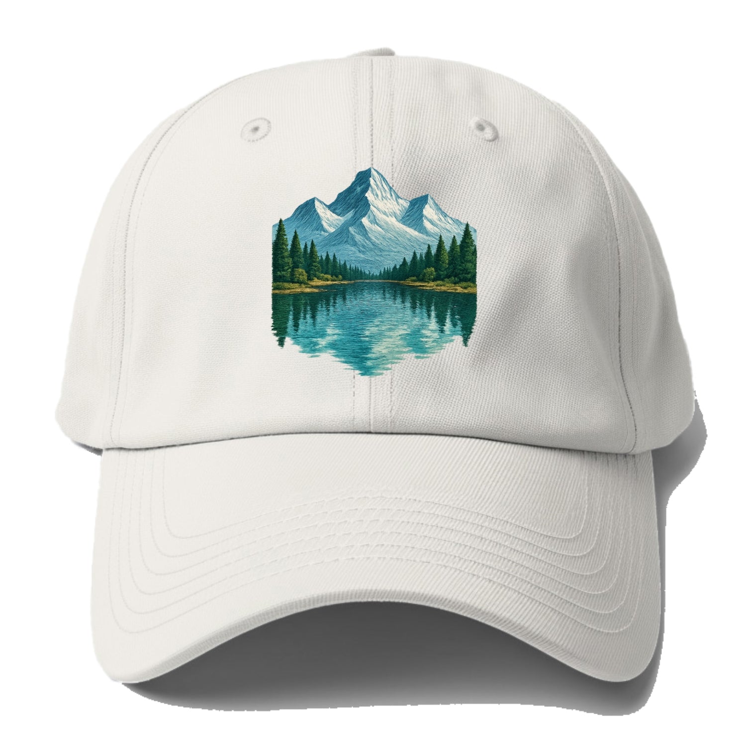 snowy mountain lake reflection design Hat