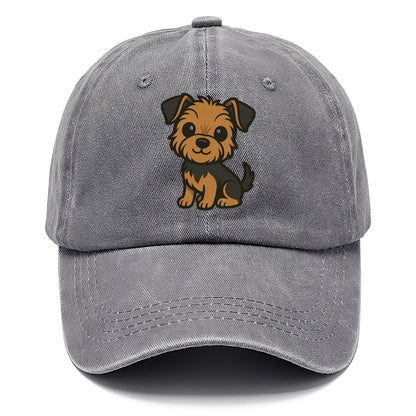 yorkipoo small brown and black sitting pose portrait design Hat