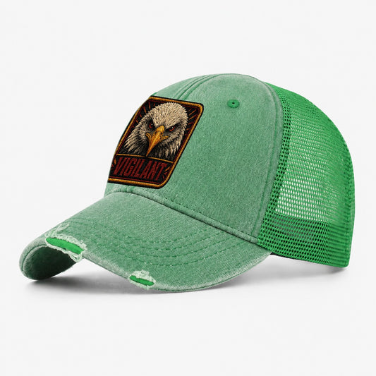Eagle Vigilant Badge Washed Trucker Hat – Ink Green