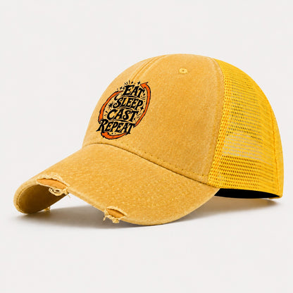 Eat Sleep Cast Repeat Slogan Witch Magic Washed Trucker Hat – Yellow