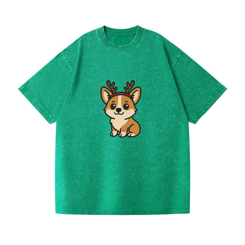 Corgi Wearing Reindeer Antlers Christmas Theme Portrait Design Vintage T-shirt