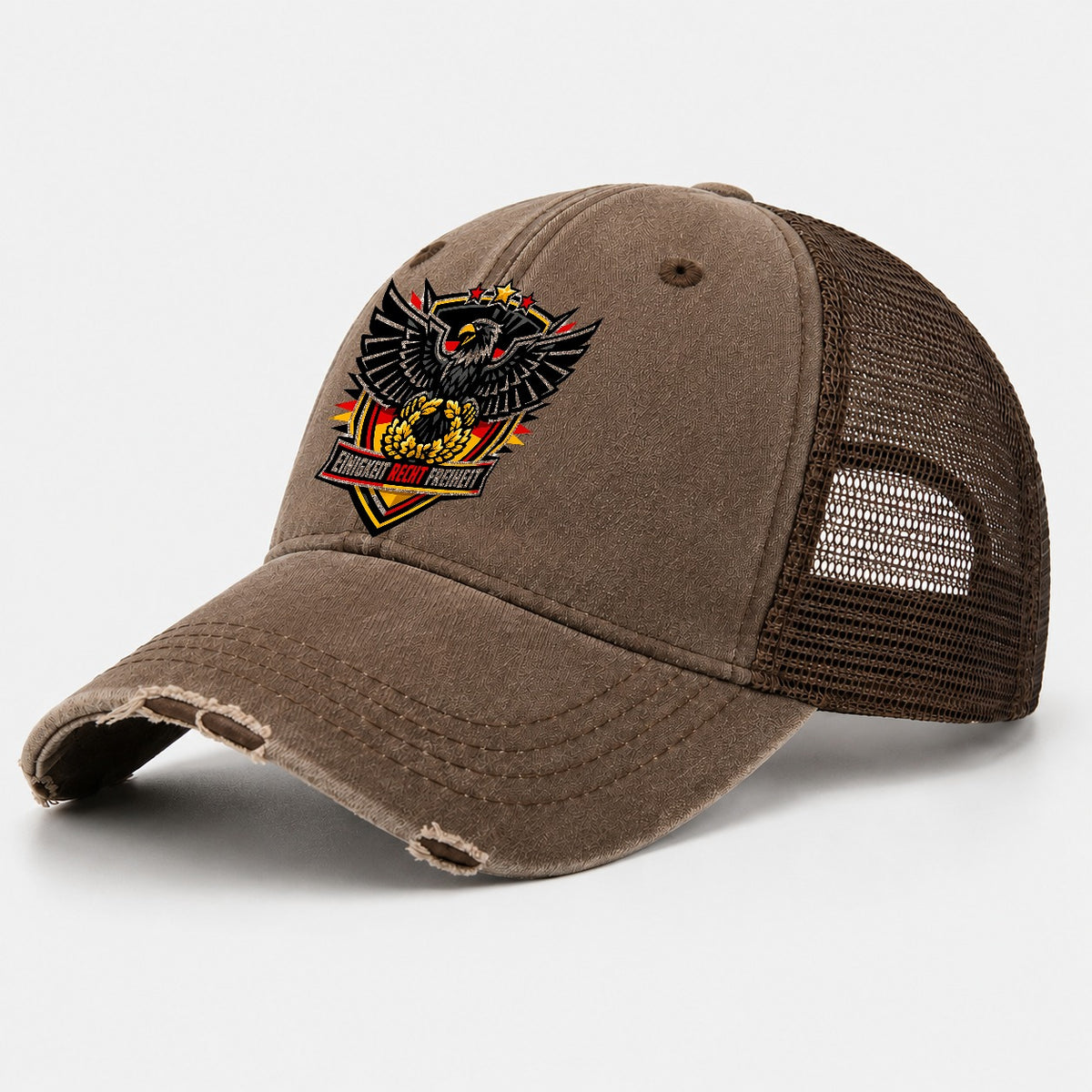 Einigkeit Recht Freiheit Crest Washed Trucker Hat – Coffee