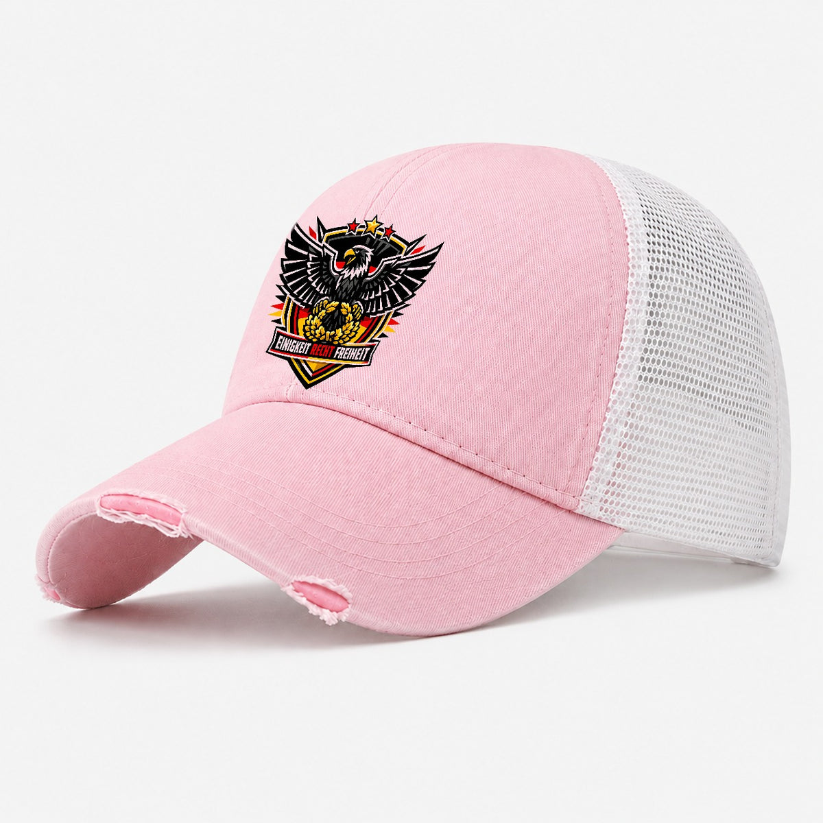 Einigkeit Recht Freiheit Crest Washed Trucker Hat – Light Pink