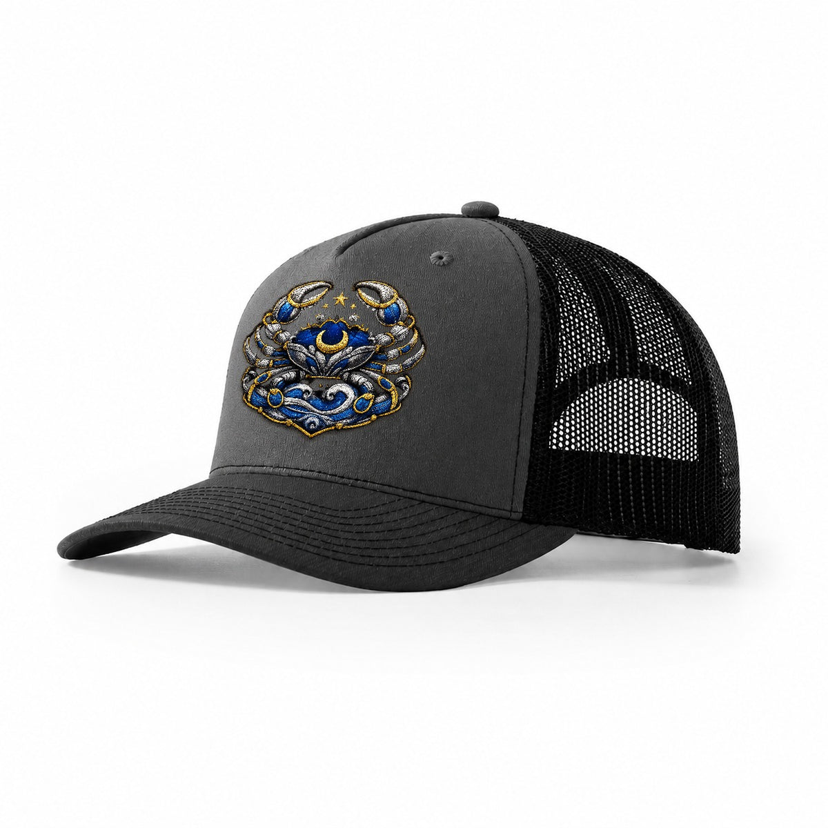 Embroidered Patch Design Cancer Crab Protective Crab In Silv Trucker Hat – Dark Grey-Black