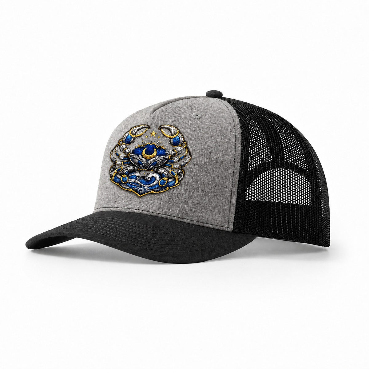 Embroidered Patch Design Cancer Crab Protective Crab In Silv Trucker Hat – Grey-Black
