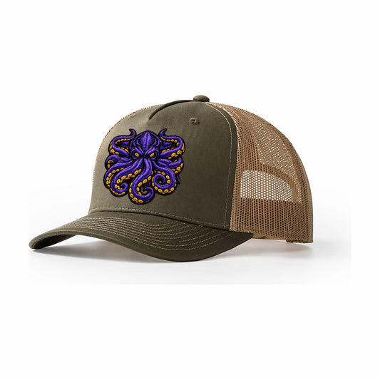 Embroidered Patch Design Kraken Tentacles Sea Monster In Pur Trucker Hat – Olive-Khaki
