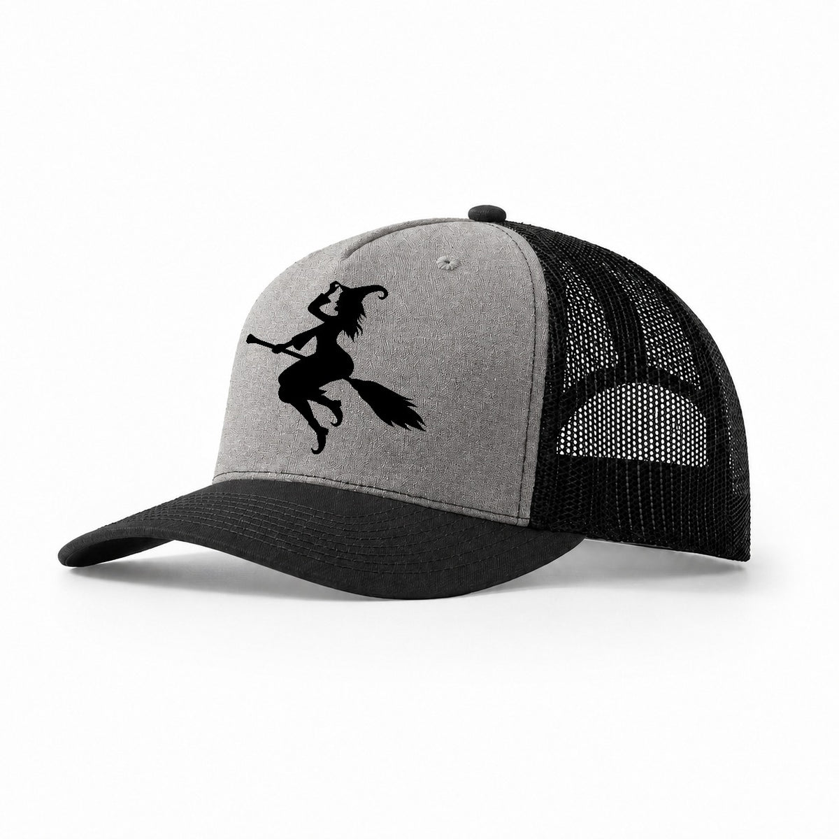 Enchanting Witch On Broom Trucker Hat – Grey Black
