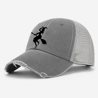 Enchanting Witch On Broom Washed Trucker Hat – Grey