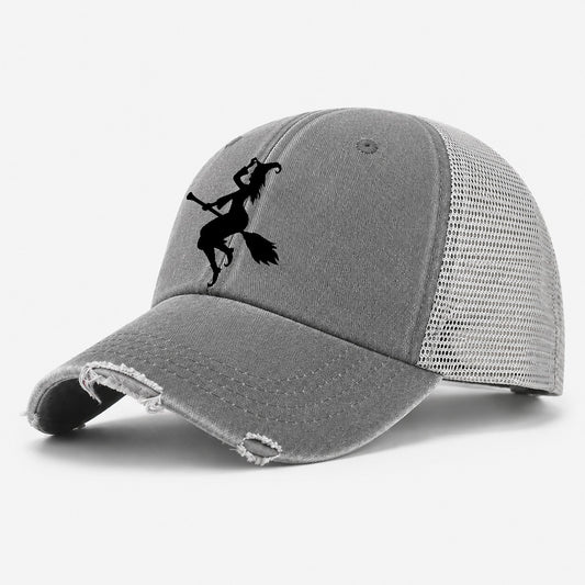 Enchanting Witch On Broom Washed Trucker Hat – Grey