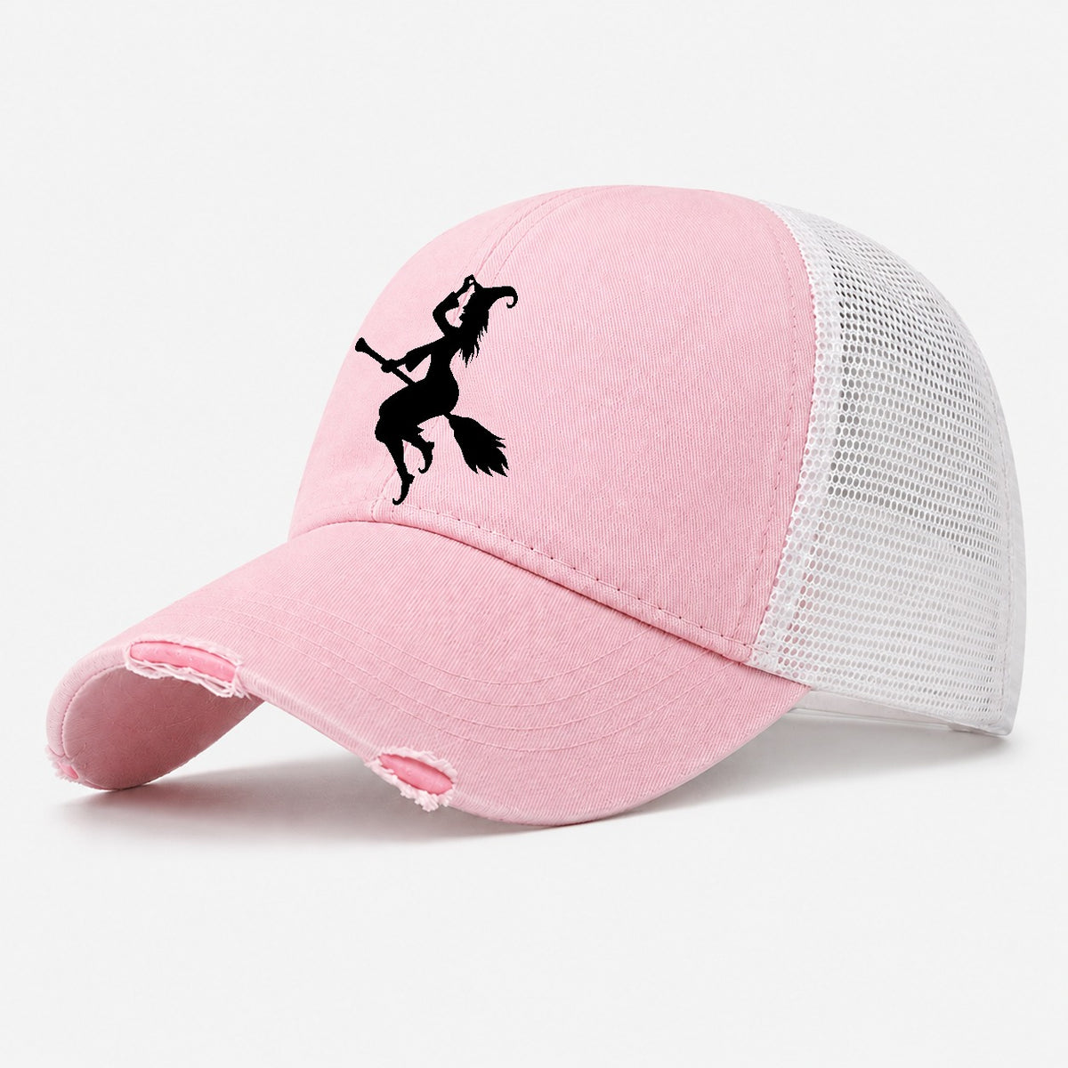 Enchanting Witch On Broom Washed Trucker Hat – Light Pink