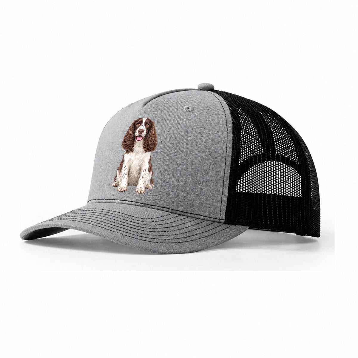 English Springer Spaniel Sitting Top Breeds Trucker Hat – Sport Grey Black