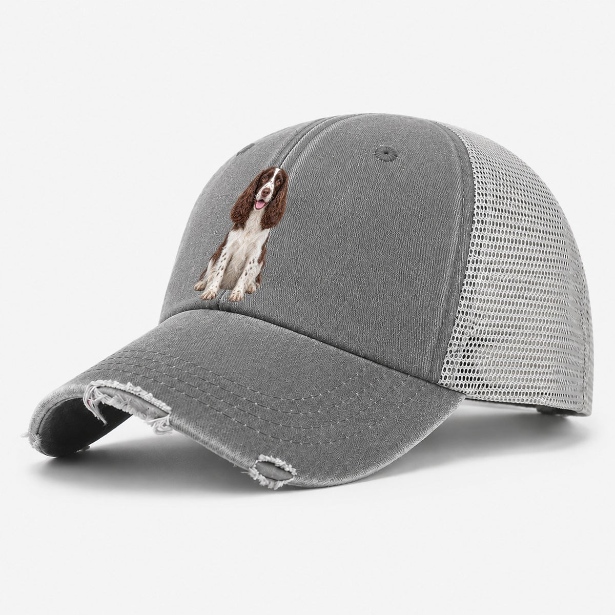 English Springer Spaniel Sitting Top Breeds Washed Trucker Hat – Grey