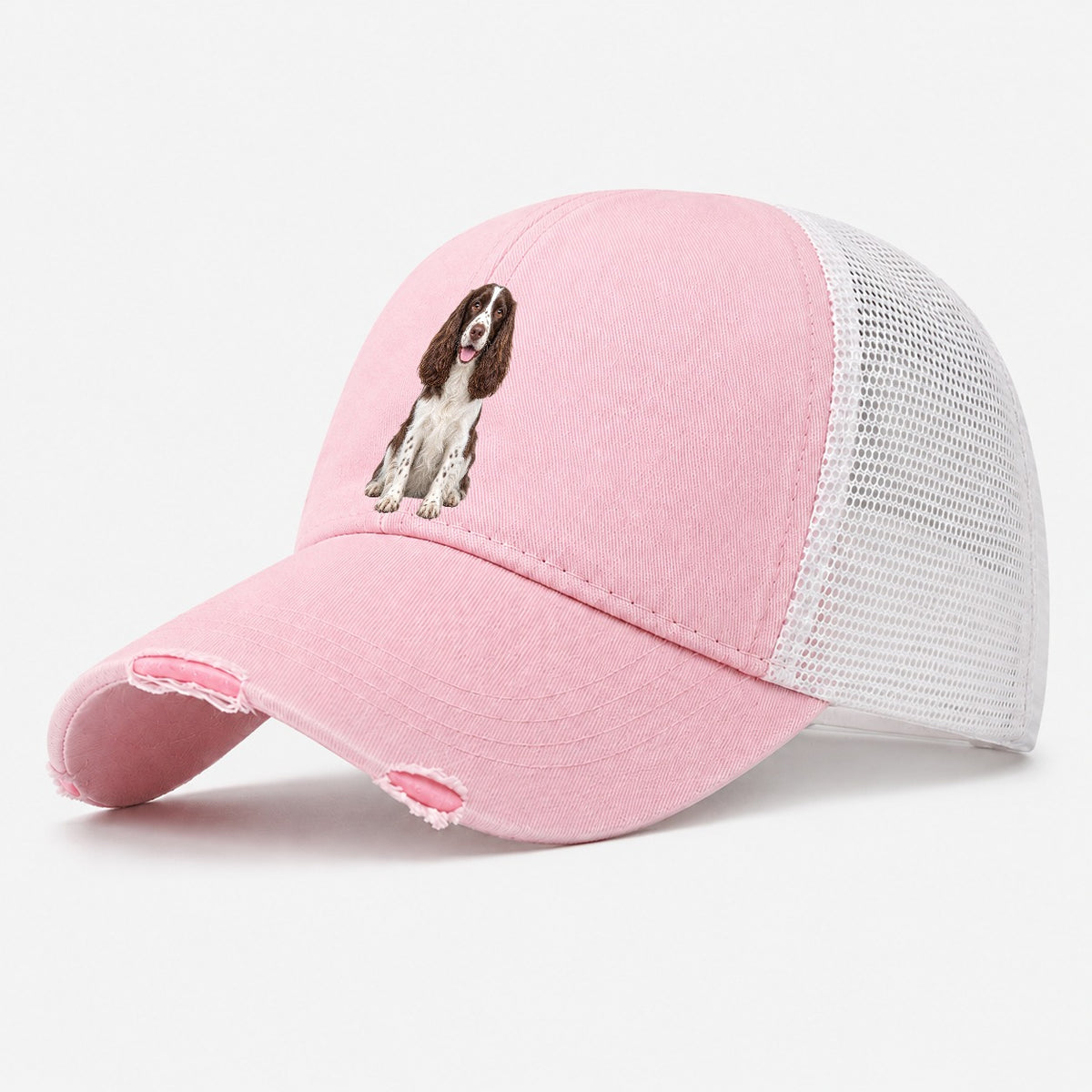 English Springer Spaniel Sitting Top Breeds Washed Trucker Hat – Light Pink