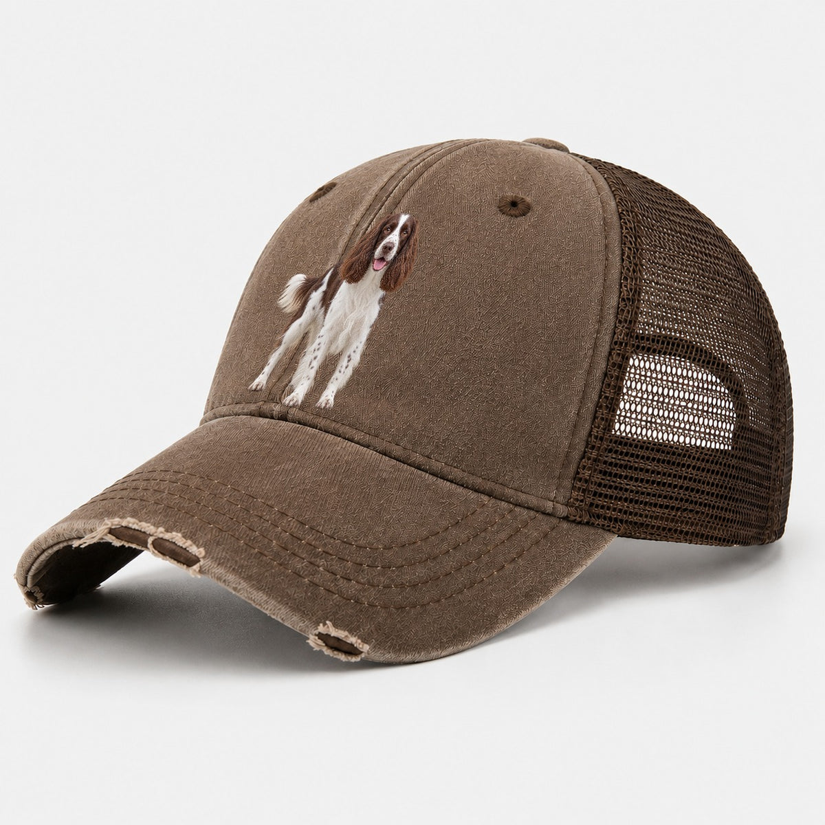 English Springer Spaniel Standing Top Breeds Washed Trucker Hat – Coffee