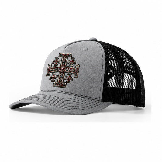Engraved Silver Reliquary Panel Jerusalem Cross Trucker Hat – Sport Grey Black