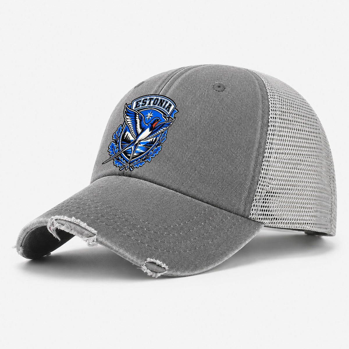 Estonia Retro Badge Country Logos Washed Trucker Hat – Grey