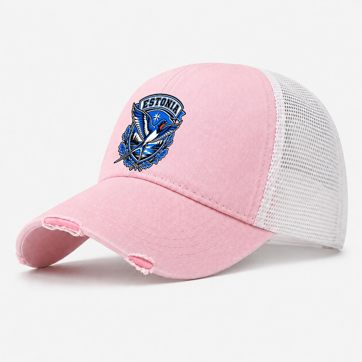 Estonia Retro Badge Country Logos Washed Trucker Hat – Light Pink